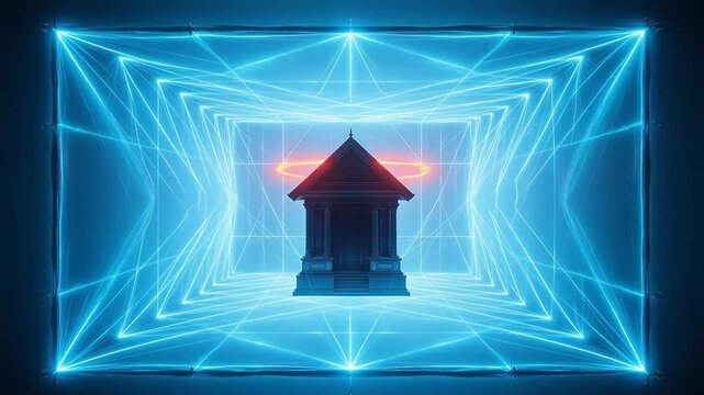 Mystical glowing structure in geometric tunnel for high-end commercial advertising