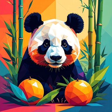 Vibrant geometric panda portrait with bamboo and fruit