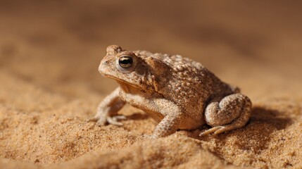 Fototapeta premium herpetology. Macro view of a Sonoran Desert Toad resting on sandy terrain in natural sunlight. wildlife magazines, conservation campaigns, designed for wildlife conservation campaigns. 