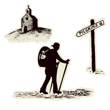 Bold pilgrim figure with backpack, marian shell, staff stick and church signpost. Sanctuary for Canterbury pilgrims way or European Camino religious pilgrimage walk. Christian walkers vector motif.