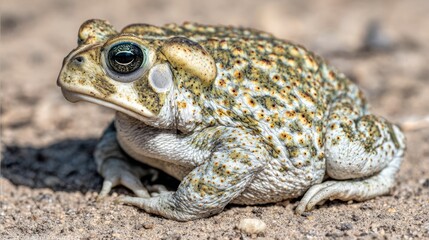 Fototapeta premium herpetology. Macro view of a Sonoran Desert Toad resting on sandy terrain in natural sunlight. wildlife magazines, conservation campaigns, designed for wildlife conservation campaigns. 