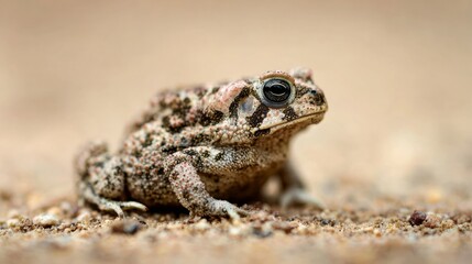 Fototapeta premium herpetology. Macro view of a Sonoran Desert Toad resting on sandy terrain in natural sunlight. wildlife magazines, conservation campaigns, designed for wildlife conservation campaigns. 