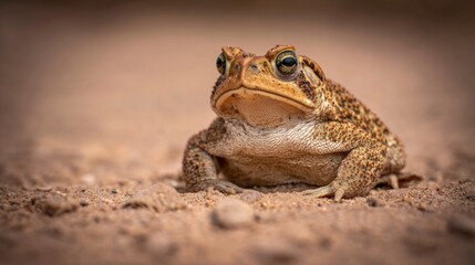 Obraz premium herpetology. Macro view of a Sonoran Desert Toad resting on sandy terrain in natural sunlight. wildlife magazines, conservation campaigns, designed for wildlife conservation campaigns. 