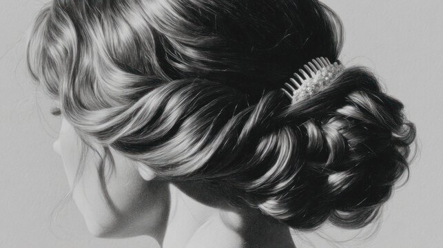 Elegant updo hairstyle side view of womans hair with comb detail