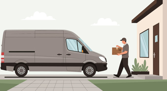 Delivery driver carrying package from van to house entrance, logistics and shipping concept