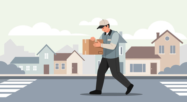 Delivery man carrying package on suburban street with houses and crosswalk