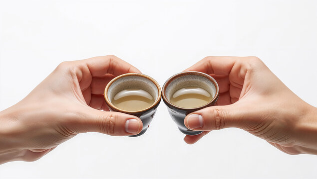 白背景で日本人が盃を合わせる乾杯の写真素材