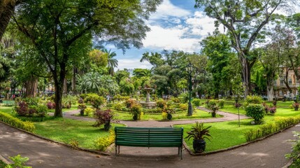 Fototapeta premium fountain. Panoramic view of a lush city park with winding paths, bathed in soft morning sunlight. travel magazines, destination branding, designed for travel destination branding. 