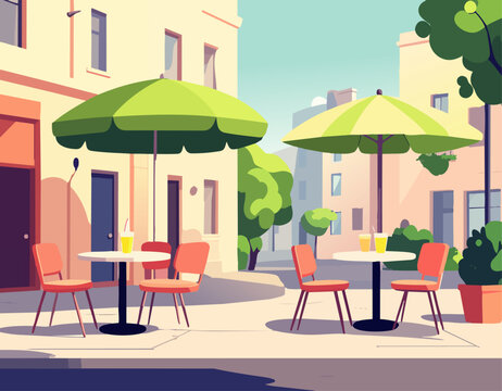  Terraza de caf&eacute; al aire libre con mesas, sillas y sombrillas en un entorno urbano soleado.
