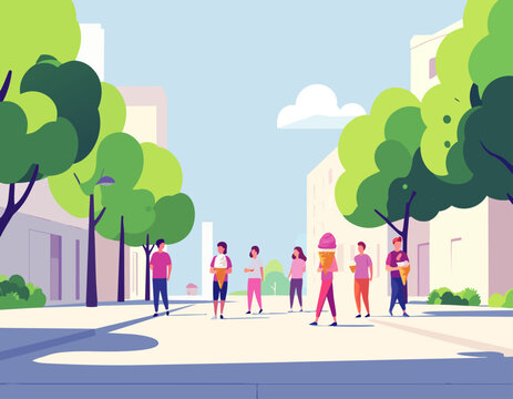  Grupo de personas caminando y conversando en una calle urbana rodeada de &aacute;rboles y edificios modernos. Escena cotidiana de ciudad y vida social al aire libre.
