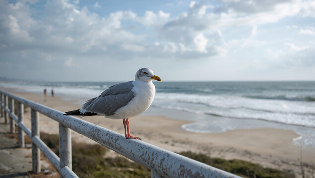 清掃された海岸の柵にとまるカモメが再生の希望を伝える写真