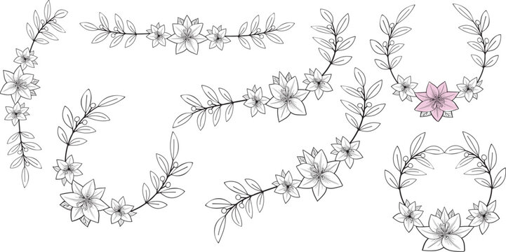 Black and white floral vine borders and wreaths with one pink flower