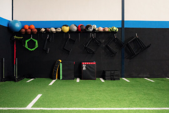 Wall of Sports Equipment in a Gym for Training Sessions
