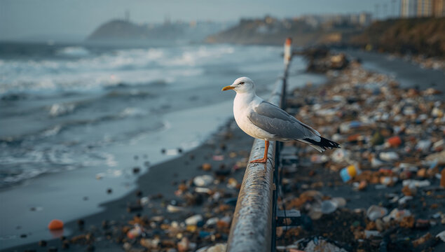 荒れた海岸のごみの前で柵にとまるカモメを写した環境問題の写真