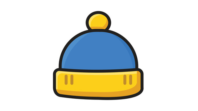 Blue and Yellow Knitted Beanie Hat with Pom-pom, Modern Flat Vector Illustration with Editable Stroke for Winter Fashion, Cold Weather Apparel, and Seasonal Clothing Design on White Background
