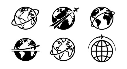 Global travel icons set, 6 airplane earth globe vectors, world flight route symbols © Jubayer