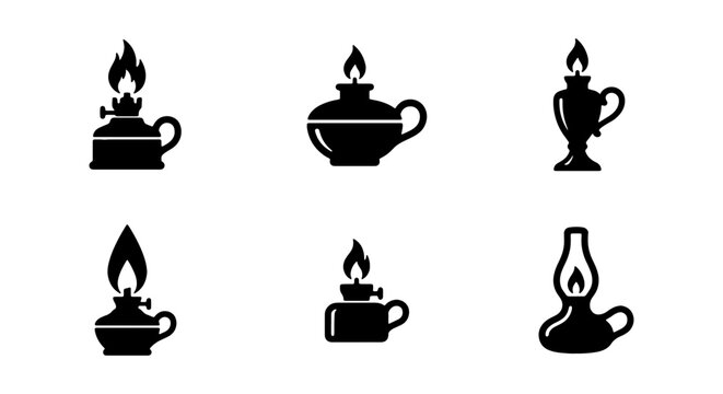 Vintage oil lamp icons, 6 antique kerosene lantern vectors, black silhouette lamp set