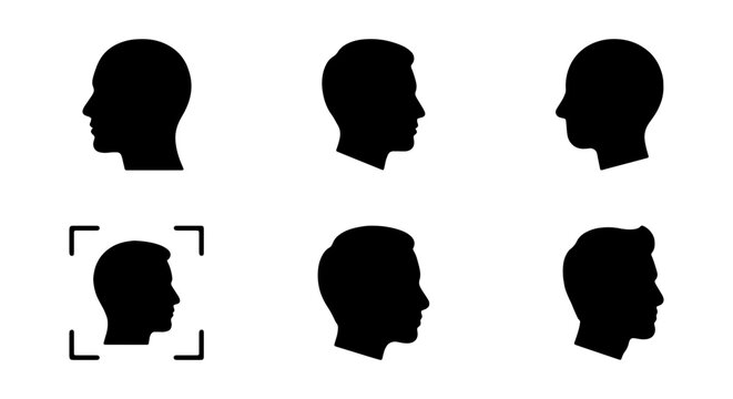 Male head profile silhouettes, 6 human face side view icons, facial recognition vector