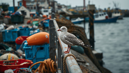 Fototapeta premium 漁港の柵にとまる海鳥と漁業ごみを写した海辺の記録写真