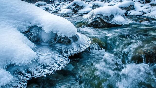 Flowing icy stream in winter with snow-covered rocks and water running downstream creates a scenic landscape view