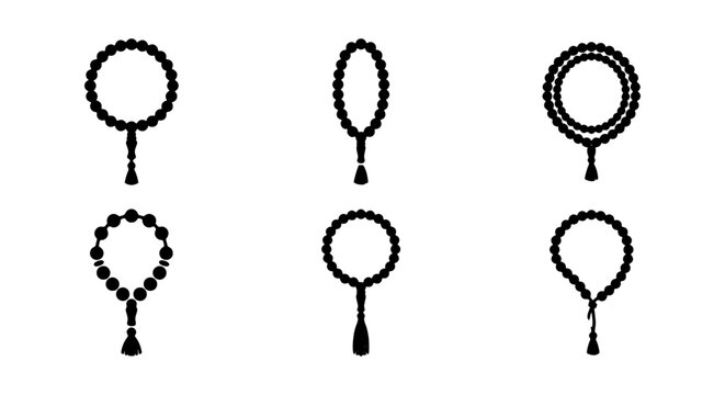 Islamic prayer beads icon set, 6 tasbih vector elements, religious rosary silhouettes