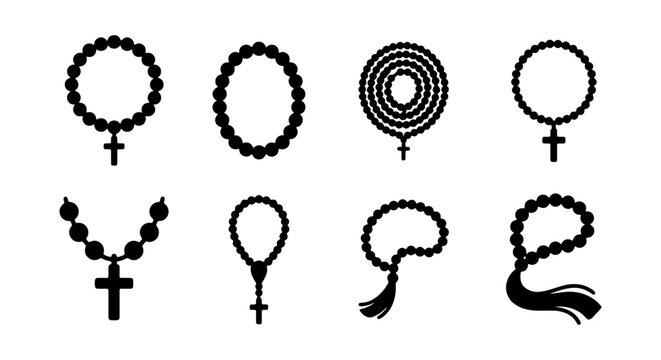 Religious rosary bead icons, catholic prayer cross silhouettes, 8 vector elements set