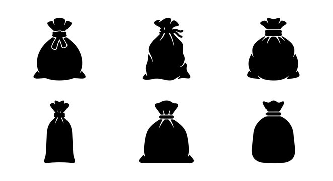 Black sack silhouette icons, 6 cloth bag vector elements, money and grain pouch set