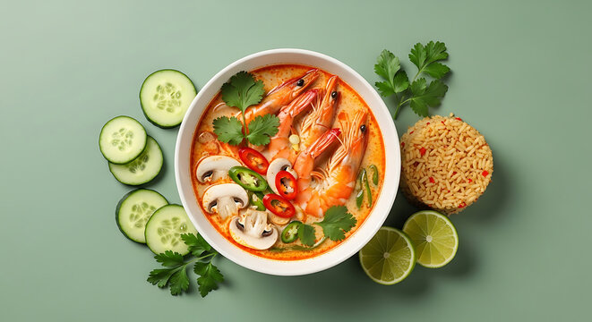 Delicious Tom Yum Goong Soup with Shrimp Mushrooms and Chilies Served with Rice and Lime on Green Background