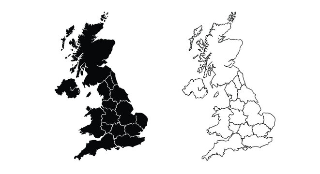 A comparison of two outlines depicting the geographic shape of the united kingdom and its counties