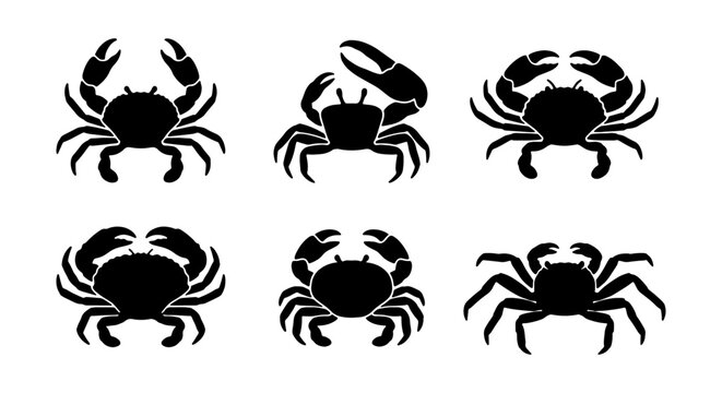 Black crab silhouette icons, set of 6 sea creature vectors, seafood restaurant logos