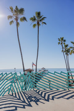 Palm Trees and Pier with American Flag by the Ocean