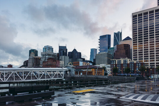 City Skyline With Buildings and Water at Dawn in San Francisco