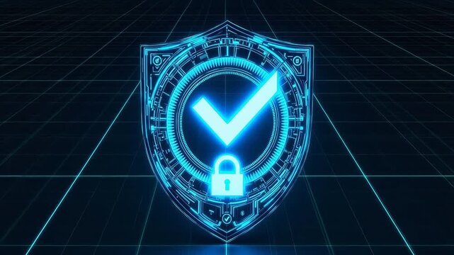 Digital shield with lock and checkmark emphasizing advanced technology and cyber security