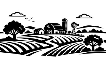 Naklejka premium Black and White Rustic Farm Landscape Illustration with Rolling Agricultural Fields, Traditional Barn, Silo, Windmill, and Trees. Minimalist Flat Vector Graphic of a Rural Countryside Scene.