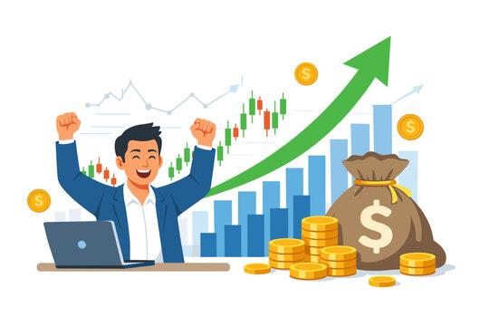 Happy Professional Trader Celebrating Success in Stock Market Investment with Rising Green Arrow, Candlestick Charts, Money Bag, and Gold Coins; Concept of Financial Growth and Wealth Creation.