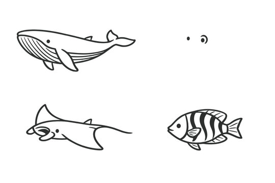 Minimalist Line Art Sea Creatures Set Featuring a Humpback Whale, Octopus, Manta Ray, and Striped Tropical Fish. Simple Vector Icons for Marine Life Design, Underwater Logos, and Coloring Book.