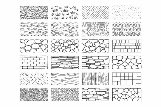 Hand Drawn Landscape Architecture CAD Hatch Pattern Set with Grass, Water, Stone Wall, Brick, Wood Grain, and Paving Texture Elements; Vector Line Art Collection for Architectural Design and Drafting