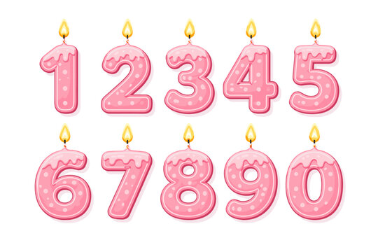 Pink Birthday Number Candles Set 0-9 with Polka Dots and Melting Frosting, Cute Vector Illustration for Anniversary Celebrations, Kids Party Invitations, and Cake Topper Decoration Elements.