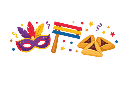 Purim Jewish Holiday Traditional Symbols Set with Colorful Carnival Mask, Gragger Noisemaker, and Hamantaschen Cookies Isolated on White Background for Greeting Card, Banner, and Celebration