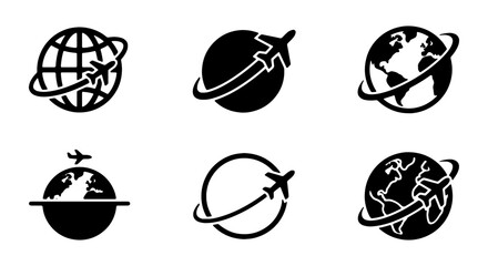 Global travel icons set with airplane flying around earth, 6 black vector world tour symbols, international flight and logistics icons for business © Fahima