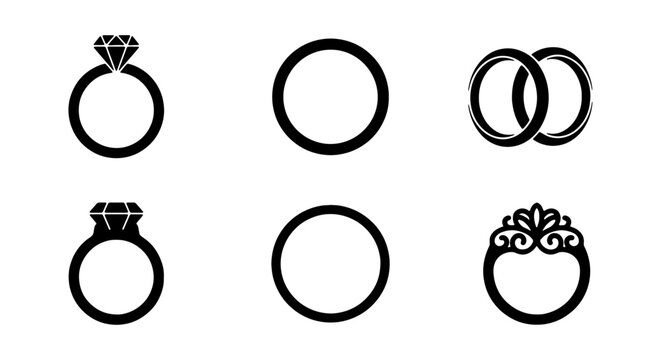 Minimalist wedding ring icons set, black diamond engagement ring silhouettes, 6 vector jewelry symbols for marriage and romance design