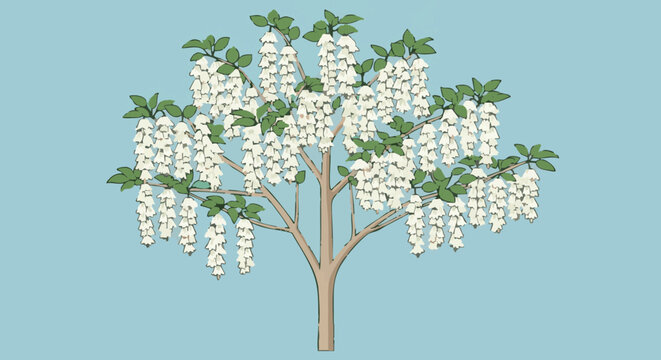 Carolina silverbell tree illustration with white bell flowers on blue background
