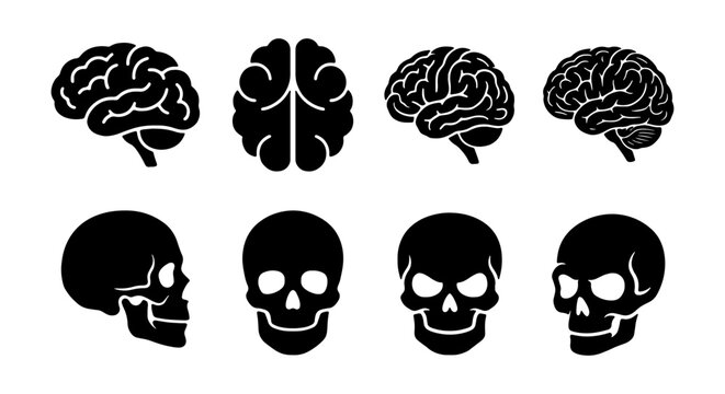Human brain and skull icon set, black silhouette anatomy symbols, 8 medical vector elements for neurology and biology education