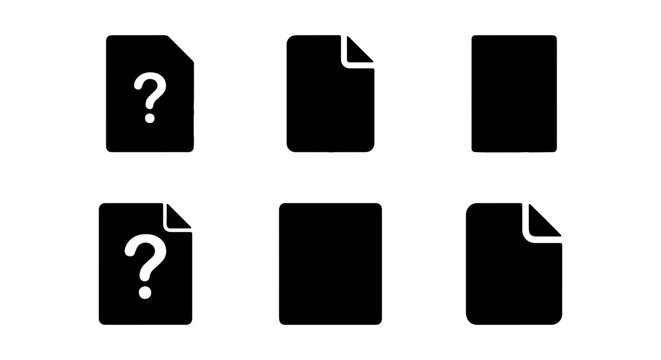 Minimalist document icon set, black file silhouette collection with question mark symbols, flat vector paper page interface elements for web design