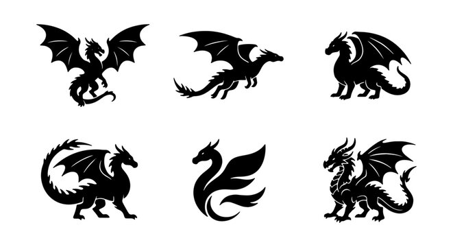 Mythical dragon silhouette set, 6 black fantasy creature icons in vector format, flying and standing winged dragon illustrations for gaming and logos