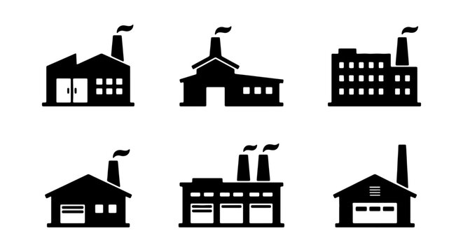 Industrial factory icon set, black silhouette manufacturing plant buildings with smoke stacks, 6 vector warehouse and production facility elements