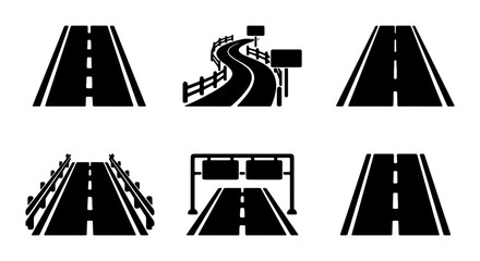 Road and highway icon set, 6 black vector symbols of asphalt streets with lane markings, highway infrastructure and winding path illustrations © Fahima