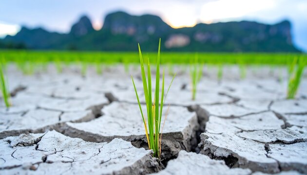 Close-up of parched earth with sprouting green grass, a blurry mountainous backdrop and a cloudy, colorful sky