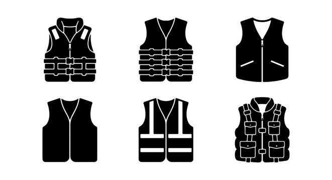 Safety vest icon set, black silhouette life jacket and high visibility workwear vectors, 6 protective clothing elements for industrial security