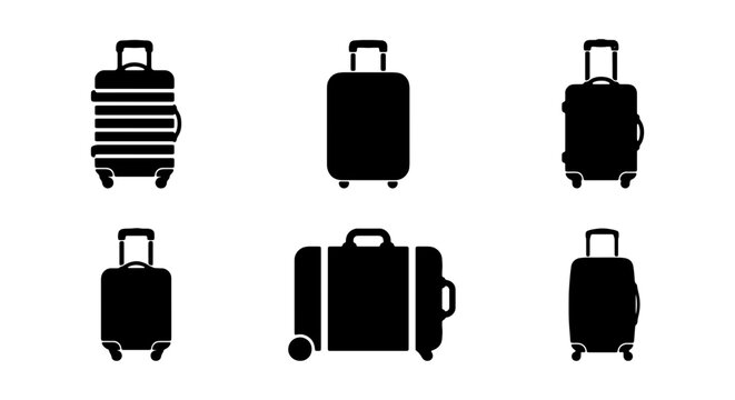 Travel luggage icon set, black suitcase silhouettes for tourism and vacation, 6 vector baggage elements for airport and trip planning